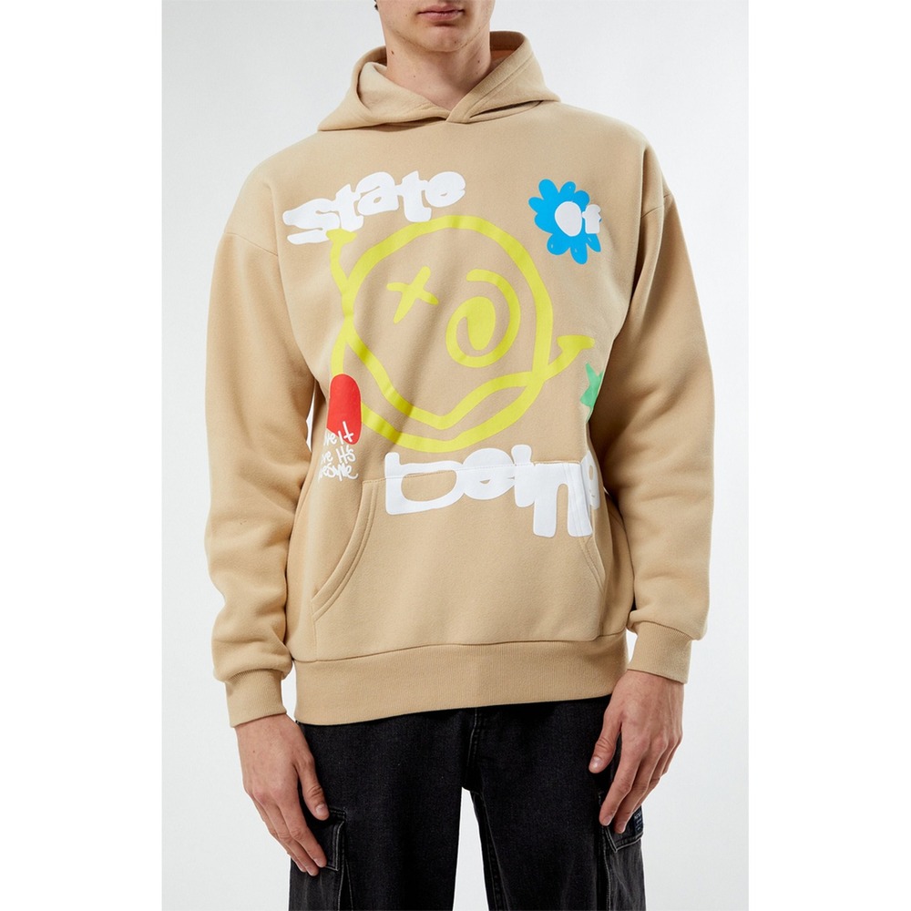 PacSun Mens State of Being Graphic Hoodie Tan Khaki Smiley Face Sweatshirt M